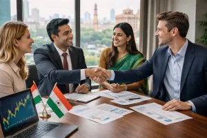 Global investors from India and overseas discussing investment opportunities in India