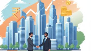 Business illustration showing the benefits of investing in India with growth charts, Rupee symbols, modern infrastructure, and people making investments