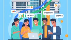 Simple illustration of the Bombay Stock Exchange building with rising stock charts, rupee symbols, and beginners learning about the Indian stock market