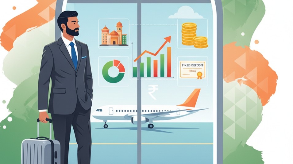 Illustration of an NRI investor viewing Indian investment options—real estate, stocks, mutual funds, gold, and fixed deposits