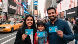 Indian NRI family in Times Square New York holding their blue PAN cards with each person’s photo visible, representing the NRI PAN card application process for India