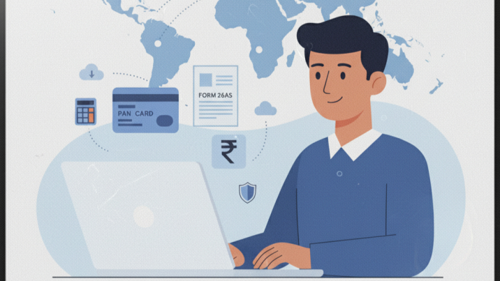 Indian NRI filing income tax return online for AY 2025-26 with India map and overseas connections in a professional illustration
