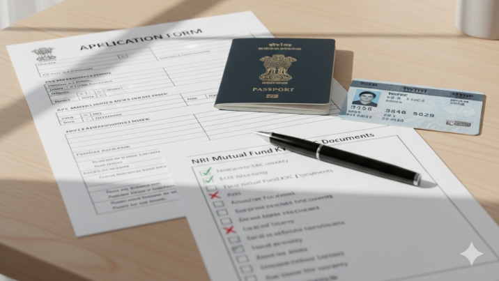 NRI KYC form with Indian passport, PAN card, and checklist showing common mistakes to avoid.