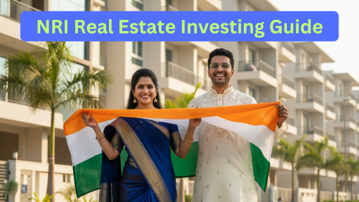 Indian couple in traditional dress holding the Indian flag near modern apartments, showing NRI investment in Indian real estate