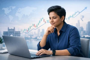 Indian-origin investor analyzing financial charts on laptop with Indian skyline and global market elements in background